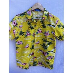 SSLR Hawaiian Flamingo Shirt Boys Large Yellow Aloha Camp Beach Tropica